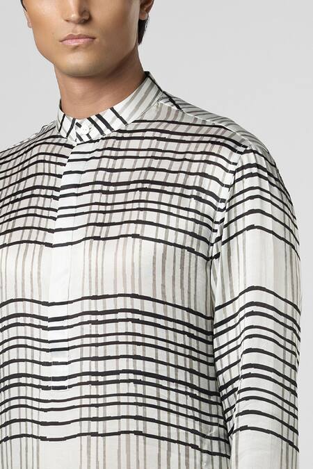 Shop_Line Out Line_Black Gajji Silk Printed Checkered Kurta_Online_at_Aza_Fashions