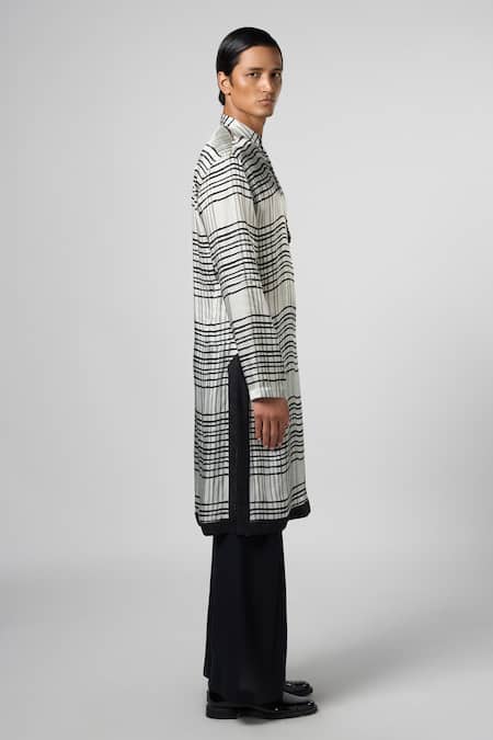 Line Out Line_Black Gajji Silk Printed Checkered Kurta_at_Aza_Fashions