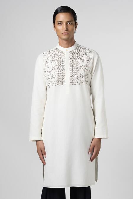Buy_Line Out Line_Off White Matka Cotton Embroidery Crystal Kurta_Online_at_Aza_Fashions