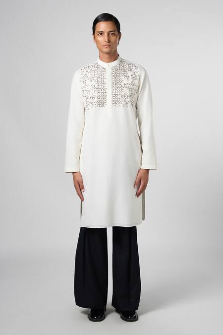 Shop_Line Out Line_Off White Matka Cotton Embroidery Crystal Kurta_Online_at_Aza_Fashions