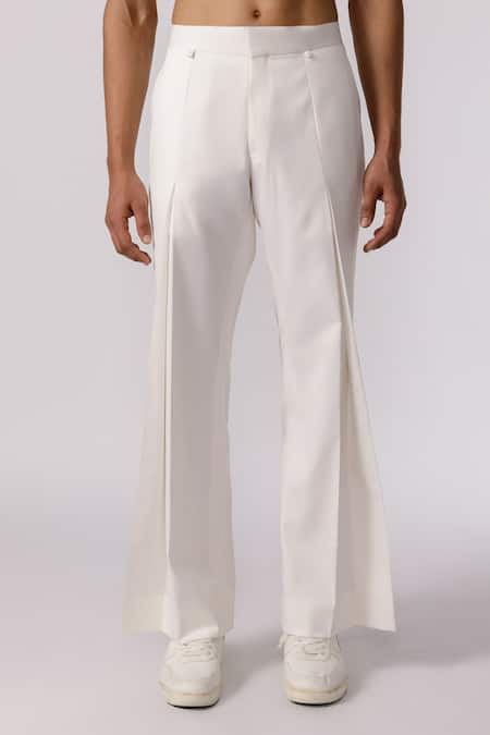 Line Out Line_Off White Cotton Twill Plain Wide Legged Pleated Pant_Online_at_Aza_Fashions