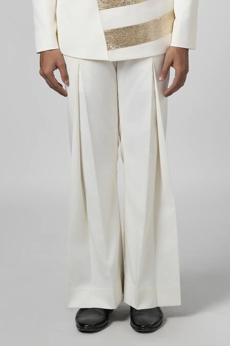 Buy_Line Out Line_Off White Cotton Twill Plain Wide Legged Pleated Pant_Online_at_Aza_Fashions