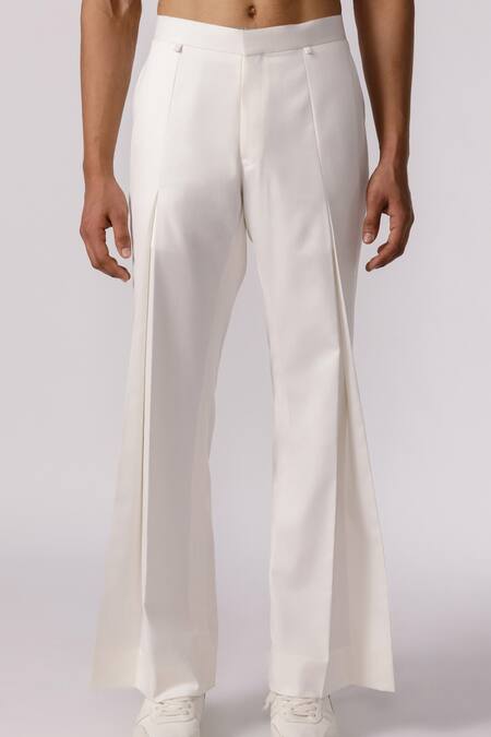 Shop_Line Out Line_Off White Cotton Twill Plain Wide Legged Pleated Pant_Online_at_Aza_Fashions