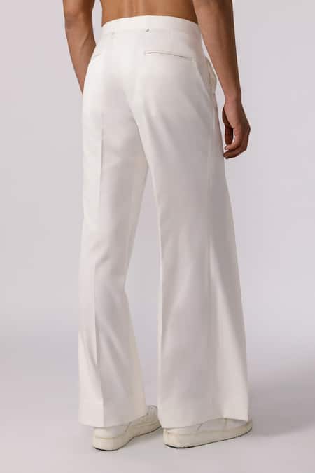 Line Out Line_Off White Cotton Twill Plain Wide Legged Pleated Pant_at_Aza_Fashions