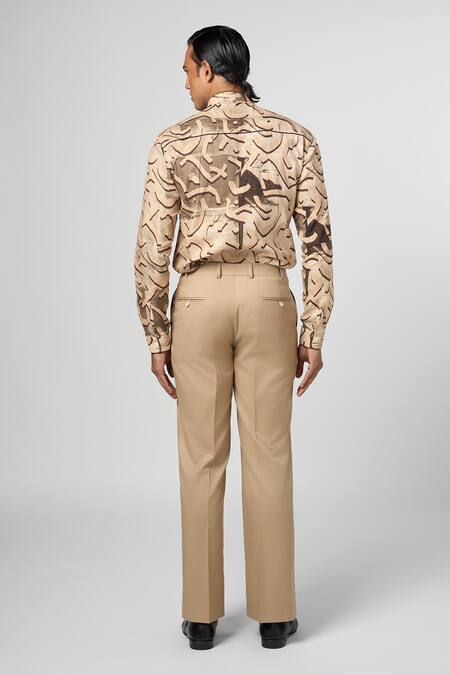 Shop_Line Out Line_Beige Stretchable Suiting Plain High Waisted Trouser_at_Aza_Fashions