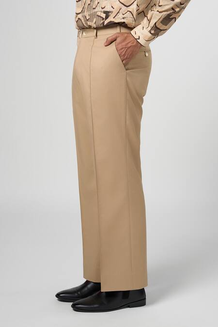 Line Out Line_Beige Stretchable Suiting Plain High Waisted Trouser_Online_at_Aza_Fashions