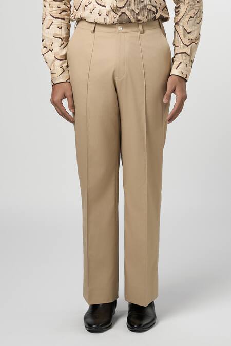 Buy_Line Out Line_Beige Stretchable Suiting Plain High Waisted Trouser_Online_at_Aza_Fashions