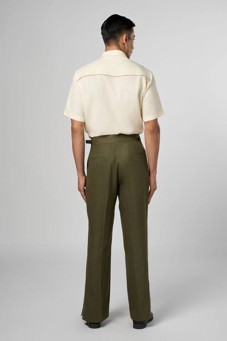 Shop_Line Out Line_Green Matka Cotton Contrast Panel Side Trouser_at_Aza_Fashions