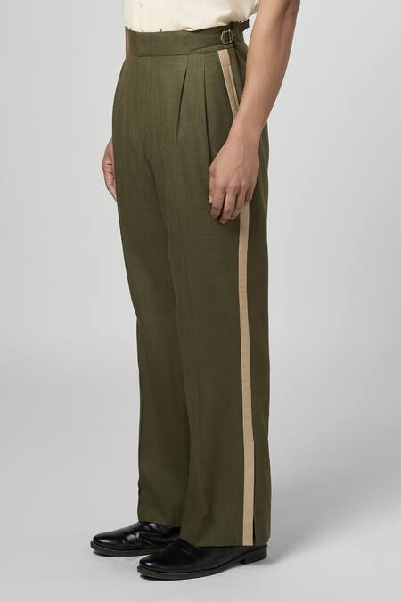 Line Out Line_Green Matka Cotton Contrast Panel Side Trouser_Online_at_Aza_Fashions