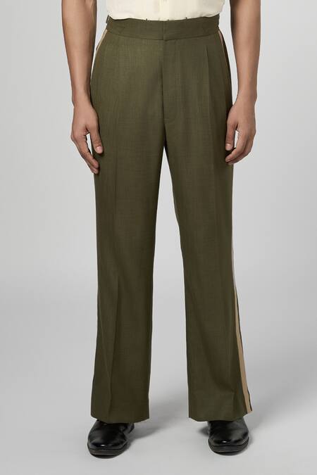 Buy_Line Out Line_Green Matka Cotton Contrast Panel Side Trouser_Online_at_Aza_Fashions
