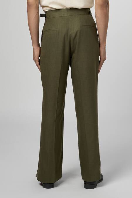 Shop_Line Out Line_Green Matka Cotton Contrast Panel Side Trouser_Online_at_Aza_Fashions