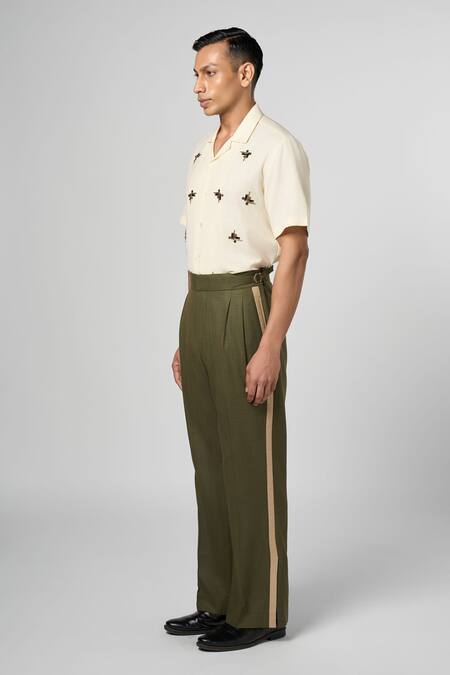 Line Out Line_Green Matka Cotton Contrast Panel Side Trouser_at_Aza_Fashions