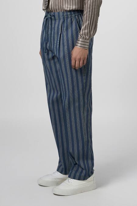 Line Out Line Blue Striped Denim Pattern Pajama Pant Online at Aza Fashions Line Out Line_Blue Striped Denim Pattern Pajama Pant_Online_at_Aza_Fashions
