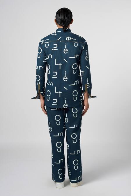 Shop Line Out Line Blue Cotton Linen Signature Night Pajama Pant at Aza Fashions Shop_Line Out Line_Blue Cotton Linen Signature Night Pajama Pant_at_Aza_Fashions