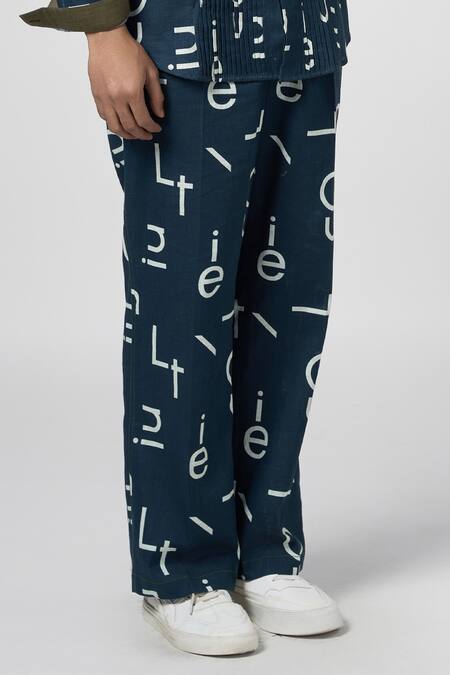Shop Line Out Line Blue Cotton Linen Signature Night Pajama Pant Online at Aza Fashions Shop_Line Out Line_Blue Cotton Linen Signature Night Pajama Pant_Online_at_Aza_Fashions
