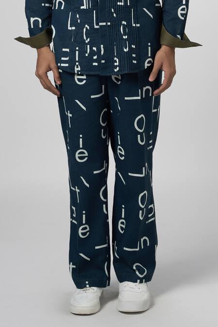 Line Out Line Blue Cotton Linen Signature Night Pajama Pant at Aza Fashions Line Out Line_Blue Cotton Linen Signature Night Pajama Pant_at_Aza_Fashions