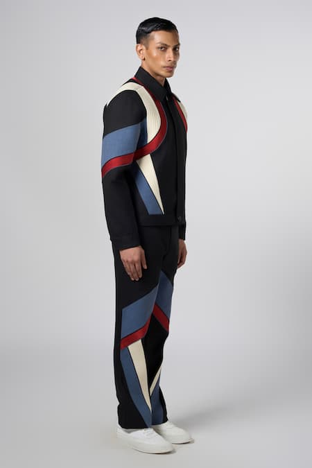 Line Out Line_Black Matka Cotton Contrast Panels Abstract Texture Biker Pant _Online_at_Aza_Fashions