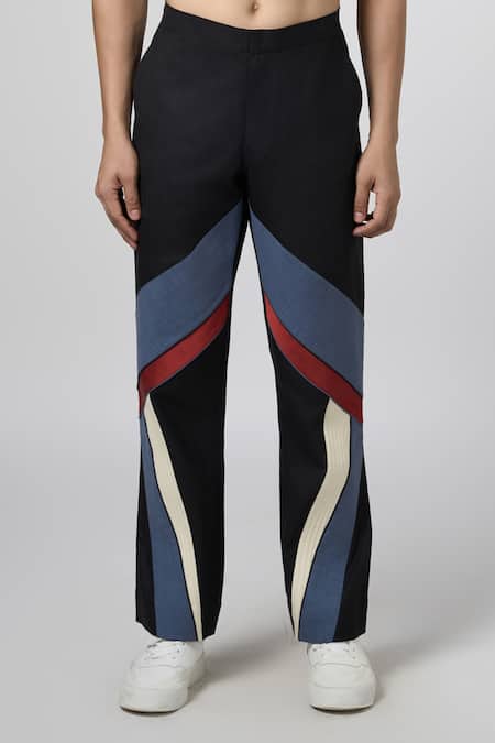 Buy_Line Out Line_Black Matka Cotton Contrast Panels Abstract Texture Biker Pant _Online_at_Aza_Fashions