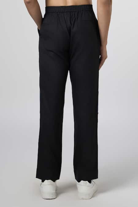 Shop_Line Out Line_Black Matka Cotton Contrast Panels Abstract Texture Biker Pant _Online_at_Aza_Fashions