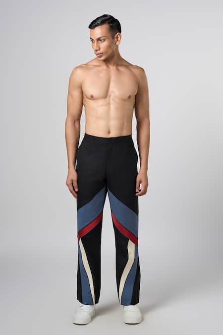 Line Out Line_Black Matka Cotton Contrast Panels Abstract Texture Biker Pant _at_Aza_Fashions
