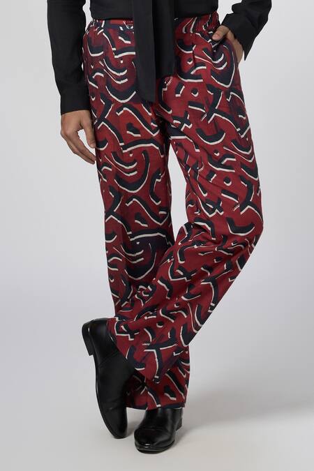 Line Out Line_Red Cotton Linen Print Stucco Pajama Pant_Online_at_Aza_Fashions