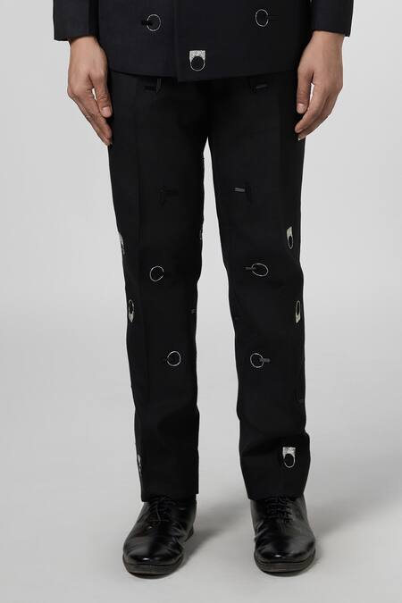 Shop_Line Out Line_Black Matka Cotton Embroidery Downtown Motif Pant_Online_at_Aza_Fashions