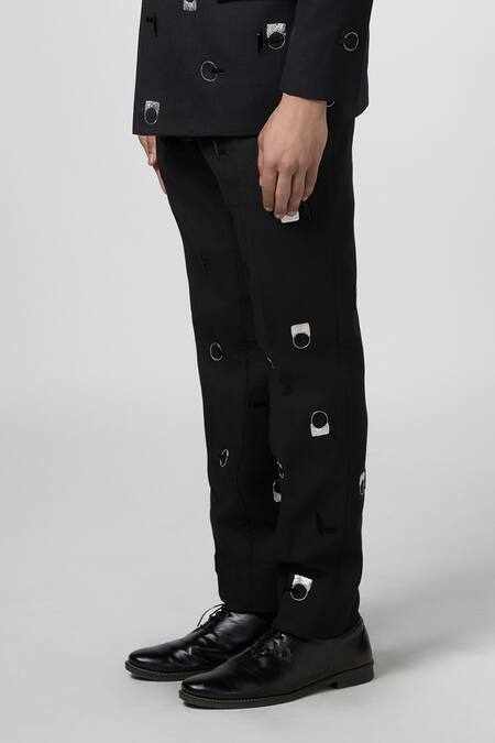 Line Out Line_Black Matka Cotton Embroidery Downtown Motif Pant_at_Aza_Fashions