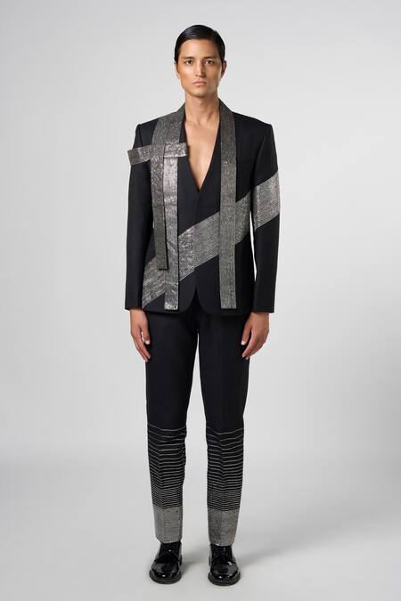 Line Out Line Black Matka Cotton Embroidery Gradient Pitta Work Straight Fit Pant at Aza Fashions Line Out Line_Black Matka Cotton Embroidery Gradient Pitta Work Straight Fit Pant_at_Aza_Fashions