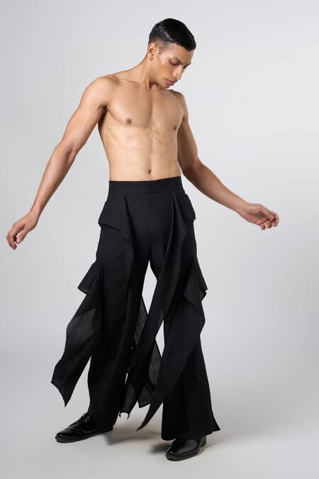 Shop_Line Out Line_Black Matka Cotton Cascading Panel Pant_at_Aza_Fashions
