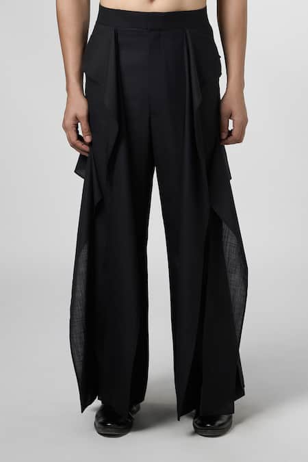 Line Out Line_Black Matka Cotton Cascading Panel Pant_Online_at_Aza_Fashions
