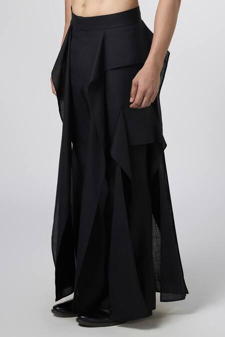 Buy_Line Out Line_Black Matka Cotton Cascading Panel Pant_Online_at_Aza_Fashions