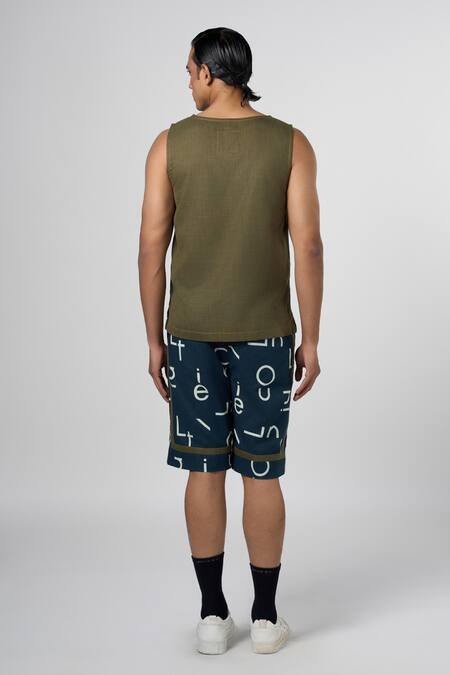 Shop_Line Out Line_Blue Cotton Linen Print Signature Night Shorts_at_Aza_Fashions