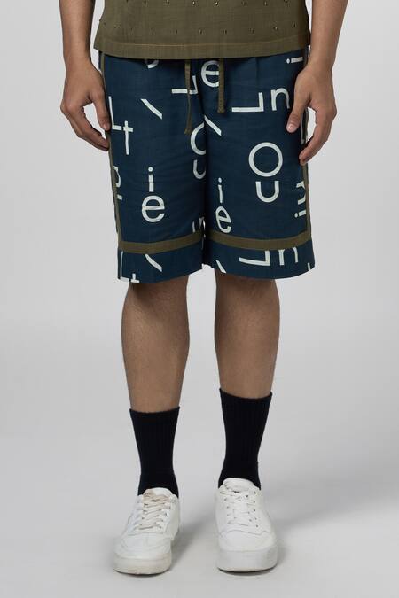 Line Out Line_Blue Cotton Linen Print Signature Night Shorts_Online_at_Aza_Fashions