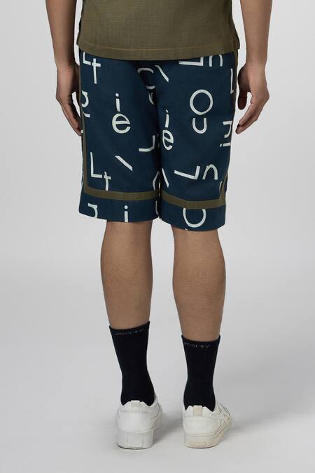 Buy_Line Out Line_Blue Cotton Linen Print Signature Night Shorts_Online_at_Aza_Fashions