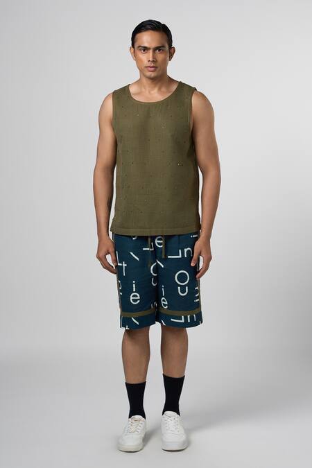 Shop_Line Out Line_Blue Cotton Linen Print Signature Night Shorts_Online_at_Aza_Fashions