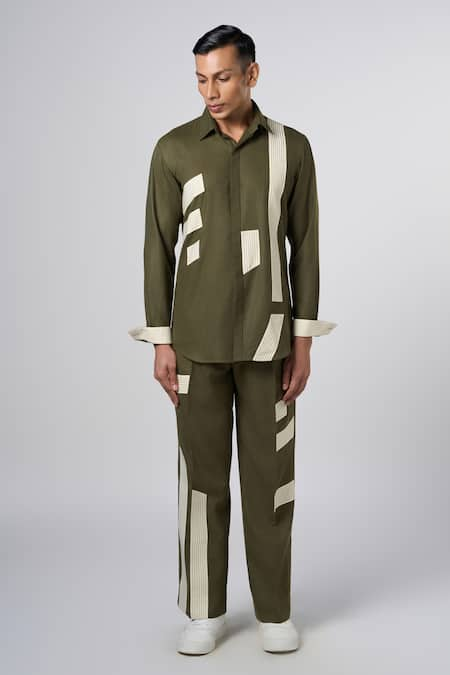 Line out line Green Matka Cotton Contrast Panel Linear Pant 