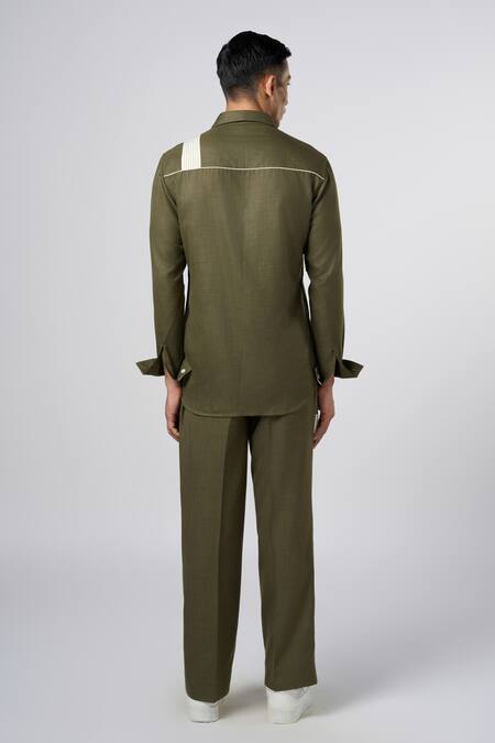 Shop Line Out Line Green Matka Cotton Contrast Panel Linear Pant at Aza Fashions Shop_Line Out Line_Green Matka Cotton Contrast Panel Linear Pant_at_Aza_Fashions