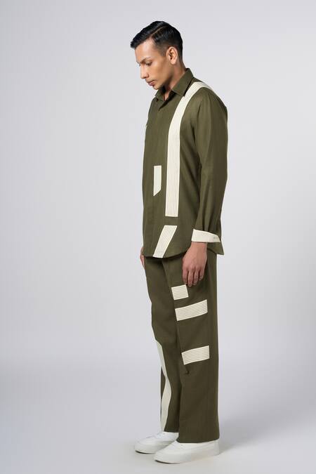 Line Out Line Green Matka Cotton Contrast Panel Linear Pant Online at Aza Fashions Line Out Line_Green Matka Cotton Contrast Panel Linear Pant_Online_at_Aza_Fashions