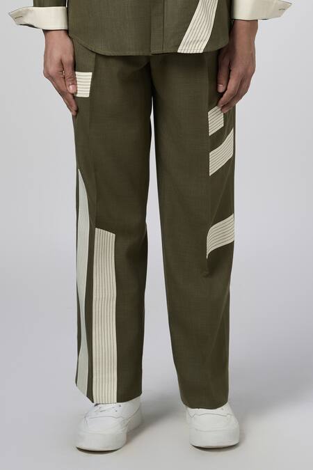 Buy Line Out Line Green Matka Cotton Contrast Panel Linear Pant Online at Aza Fashions Buy_Line Out Line_Green Matka Cotton Contrast Panel Linear Pant_Online_at_Aza_Fashions