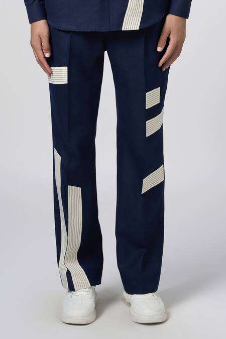 Line Out Line_Blue Matka Cotton Contrast Panel Linear Pant_Online_at_Aza_Fashions