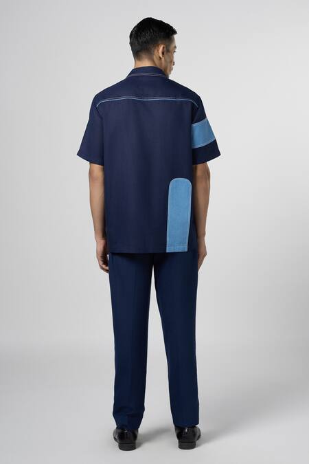 Shop_Line Out Line_Blue Matka Cotton Contrast Patch Denim Work Shirt_at_Aza_Fashions