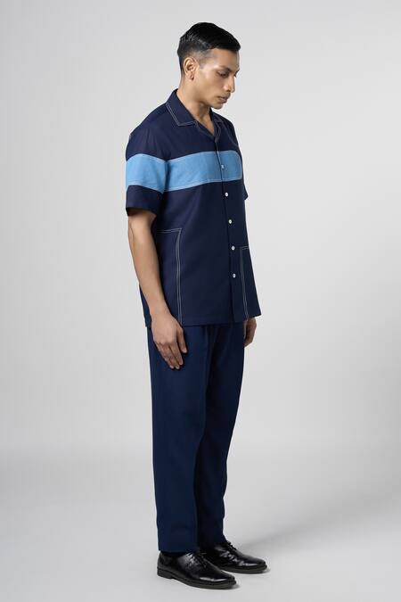 Line Out Line_Blue Matka Cotton Contrast Patch Denim Work Shirt_Online_at_Aza_Fashions