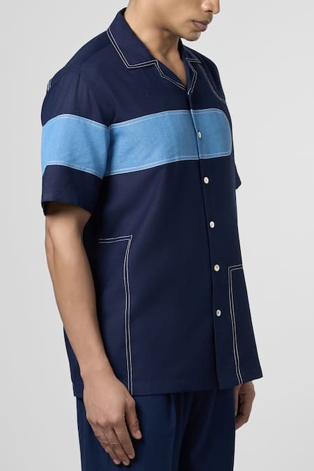 Buy_Line Out Line_Blue Matka Cotton Contrast Patch Denim Work Shirt_Online_at_Aza_Fashions