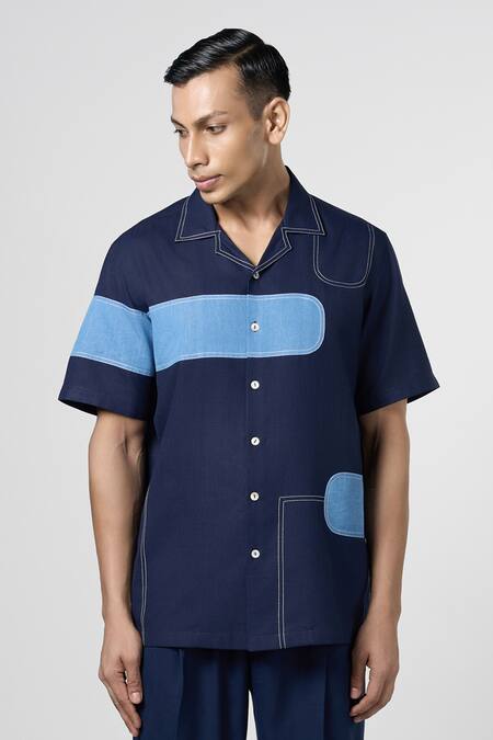 Shop_Line Out Line_Blue Matka Cotton Contrast Patch Denim Work Shirt_Online_at_Aza_Fashions