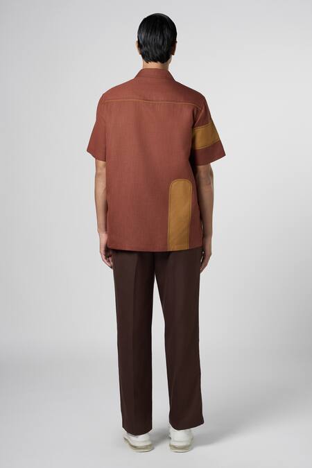 Shop_Line Out Line_Brown Matka Cotton Contrast Patch Work Shirt_at_Aza_Fashions