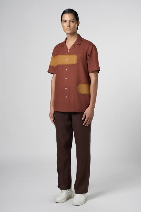 Line Out Line_Brown Matka Cotton Contrast Patch Work Shirt_Online_at_Aza_Fashions