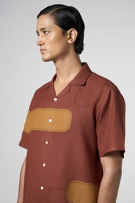 Buy_Line Out Line_Brown Matka Cotton Contrast Patch Work Shirt_Online_at_Aza_Fashions