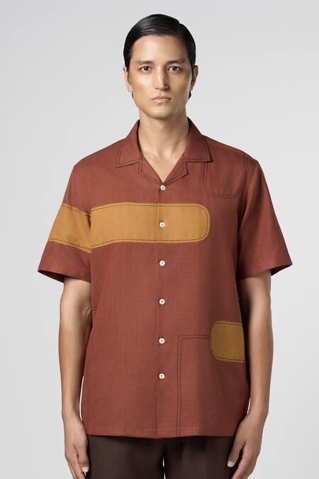 Shop_Line Out Line_Brown Matka Cotton Contrast Patch Work Shirt_Online_at_Aza_Fashions