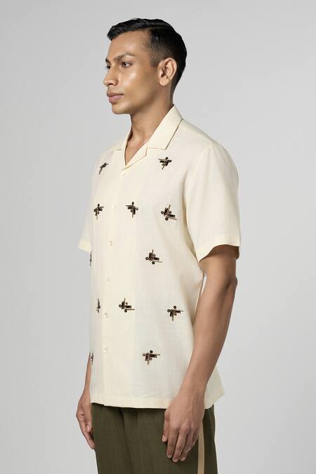 Line Out Line_Off White Matka Cotton Embroidery Geometric Shirt_Online_at_Aza_Fashions