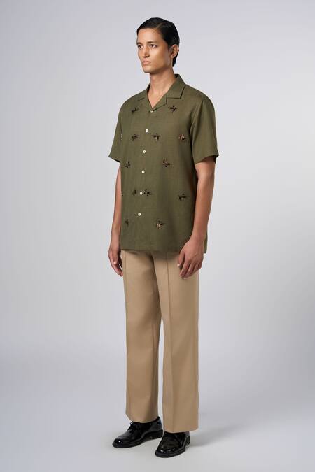 Line Out Line_Green Cotton Embroidery Beam Geometric Shirt_Online_at_Aza_Fashions